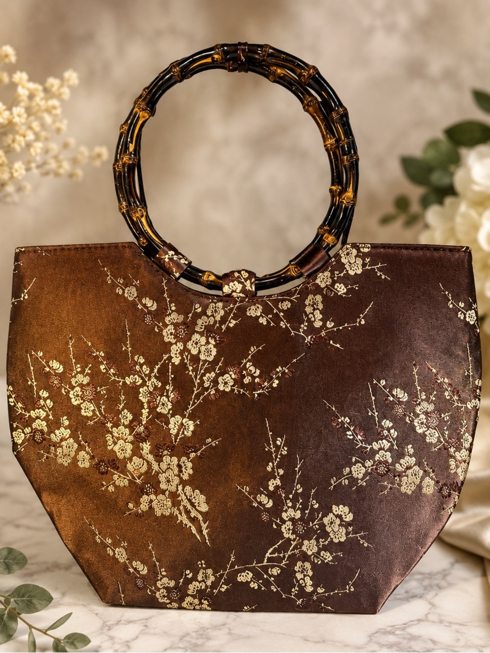 Asian Floral Brocade Satin Handbag Bamboo Handles